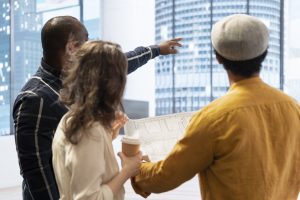 Startup team doing a planning session for an office lease agreement